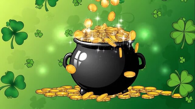 St Patricks Day Pot of Gold and Clovers Graphic Illustration