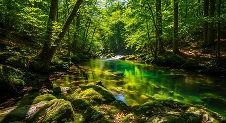 Serene forest river landscape with greenery.
