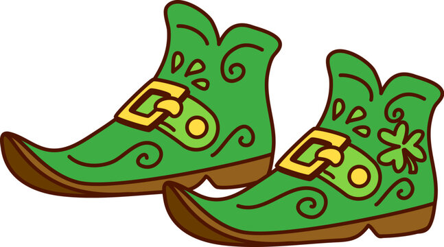 Cartoon groovy leprechaun boots, Saint Patrick's day item. Isolated vector green, buckled shoes, pointed at the toes, with shamrock symbols. Irish folklore dwarven footwear, holiday retro accessory