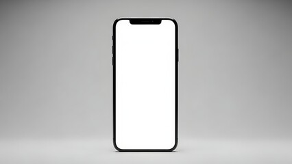 A sleek black smartphone with a white screen on a gray background mockup template