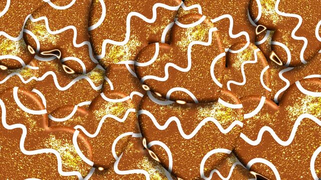 Golden gingerbread hearts with white icing pattern on brown background