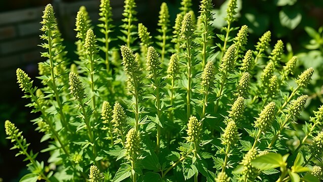 lovage. A cluster of tall, vibrant green lovage plants thriving in a cottage garden. gardening catalogs, home-decor guides, designed for home decor and floral branding, used by researchers.