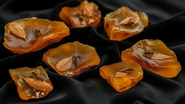 copal. Several raw amber copal resin pieces on black velvet with ancient inclusions. gardening catalogs, home-decor guides, designed for home decor and floral branding, used by video editors.
