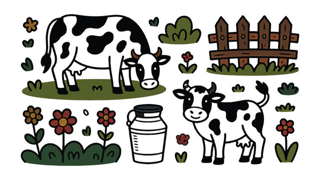 Farmhouse Scene: An idyllic cartoon depicts a farm scene, capturing cows grazing in a field with a milk churn and a wooden fence, accompanied by delightful flowers and a cheerful ambiance.