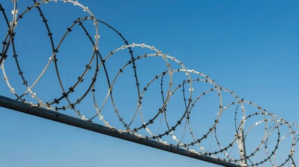 A close-up view of barbed wire against a clear blue sky