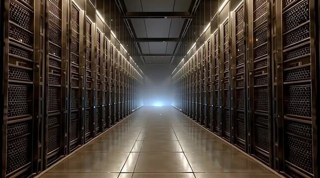 A long corridor stretches out with numerous doors on both sides leading to a bright light at the end in an old building.