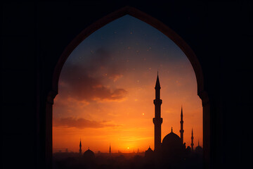 Grand Mosque Silhouette at Glowing Sunset