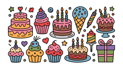 Festive Desserts: A vibrant assortment of cakes and cupcakes, adorned with colorful frosting, candles, and heart-shaped accents, invites indulgence and joy.