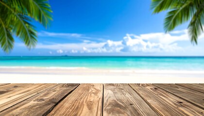 Fototapeta premium Sunny beach scene with a wooden plank table in the foreground, palm fronds framing blue sky, sand, and turquoise water