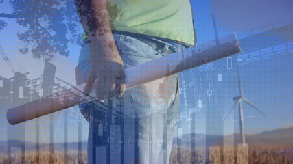 Animation of graphs over midsection of caucasian male worker holding plans over construction site - Powered by Adobe