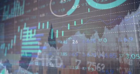 Animation of financial data and graphs over cityscape - Powered by Adobe
