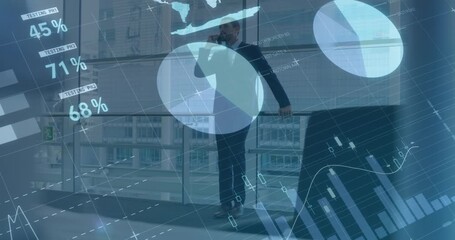 Animation of financial data and graphs over caucasian businessman using smartphone - Powered by Adobe