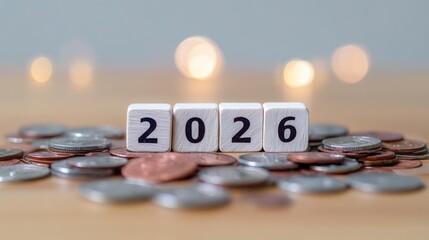 2026 written on wooden cubes placed on a table with scattered coins, minimalistic background in close-up shot for financial new year and stock style concepts