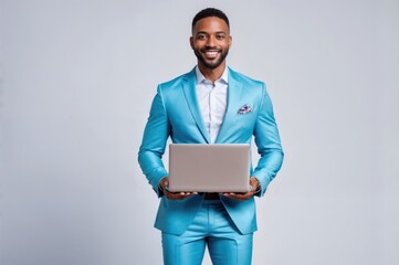 African American man in stylish blue suit holding laptop with confident smile in studio setting