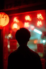 Silhouette of person before red neon sign under vibrant city lights, conveying urban night ambiance and mystery.