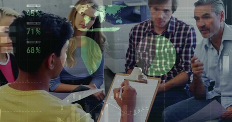 Animation of financial data processing over diverse group of business people - Powered by Adobe