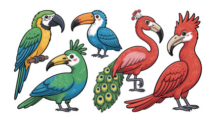Fototapeta premium Exotic Bird Assemblage: A vibrant collection of unique birds, each boasting its own distinctive plumage and captivating features, forming a visual spectacle of avian diversity.