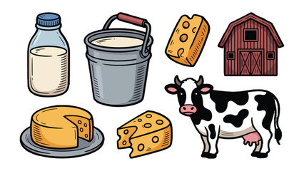 Dairy Farm Delights: A colorful and inviting illustration showcases a collection of dairy essentials, including a cow, cheeses, a bucket of milk, a milk bottle, and a barn. © mahmuda428