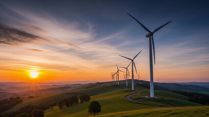 Wind turbines generating clean energy at sunset in rolling hills