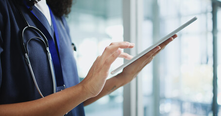 Doctor, hands or tablet in hospital for healthcare, virtual consulting or digital patient prescription. Telehealth app, medical resources or physician with diagnostic info research, person or tech