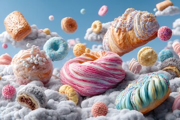 An assortment of pastries soaring through a whimsical sky, dusted with colorful sugar.