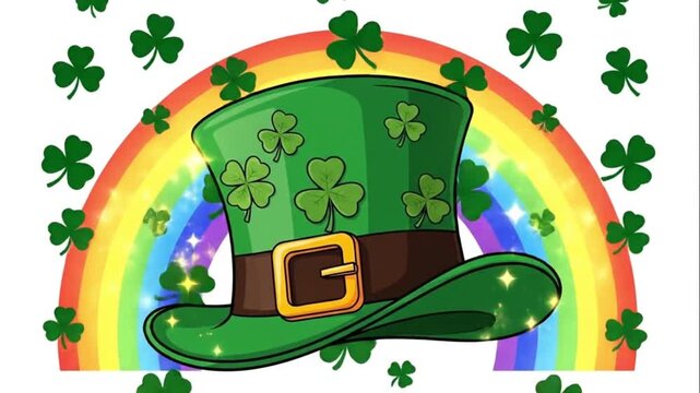 Green Leprechaun Hat Shamrocks and Rainbow St Patricks Day Animation
