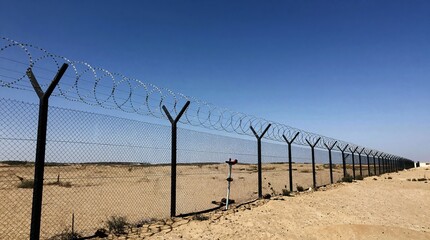 A long barbed wire fence stretches across a desert landscape under a clear blue sky