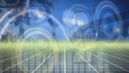 Animation of data processing over construction site - Powered by Adobe