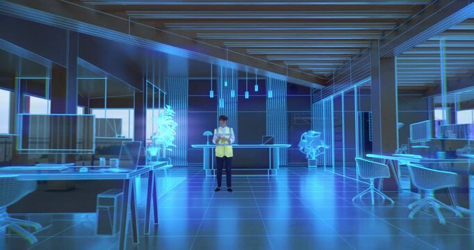 Female Engineer Wearing a VR Headset Interactively Transforms an Unfinished Interior Into a Virtual Office, Manipulating Holographic Interior Design Graphics, Immersive Smart Building Visualization