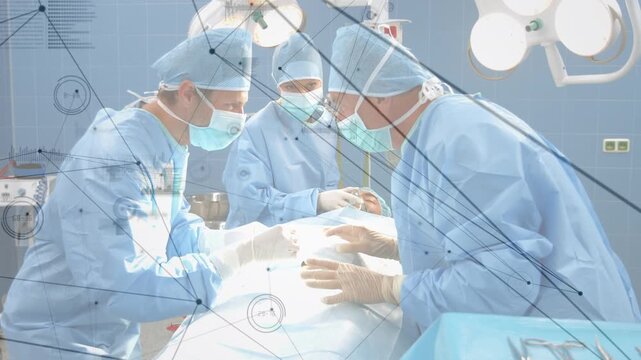 Network of connections and data processing over group of surgeons performing operation at hospital