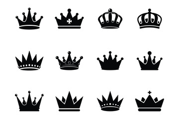 Black crown silhouette set with royal decorative shapes for design use vector illustration.