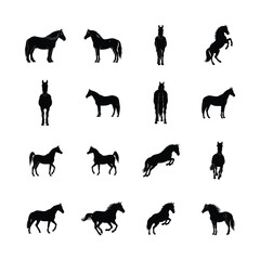 Horse silhouettes bundle featuring running standing and jumping poses vector illustration.