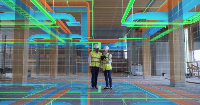 Two Engineers Use Digital Tablet Walk Through a Building Under Construction. Augmented Reality Overlays Show Hvac, Duct, and Piping Networks. 3D Digital Visuals and Smart Construction Visualization