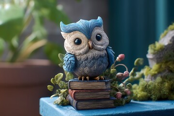 An enchanting owl figurine perched atop a charming blue table, surrounded by lush green walls and an impressive stack of ancient books.