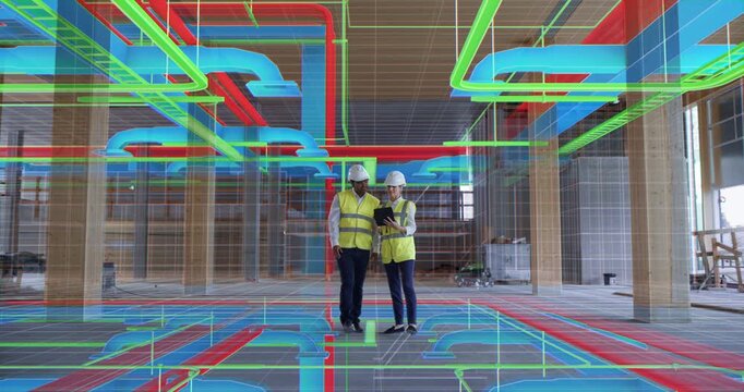 Male Architect and Female Engineer Walk Through a Construction Site as Holographic Data Show Heat Maps, Immersive Visualisation Graphics Reveal Smart Building Performance, Digital Twin Analytics