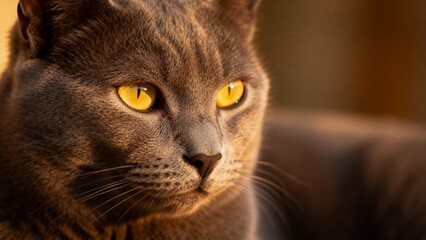 Closeup of a gray cat with yellow eyes