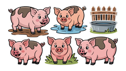 Playful Piglets: A delightful illustration featuring several adorable piglets in various playful poses, exuding charm and cuteness, with a touch of rural life. © hafs121