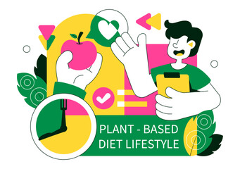 Plant Based Diet Lifestyle Vector Illustration For Healthy Vegan Nutrition, Sustainable Living, Natural Food in a Cartoon Background