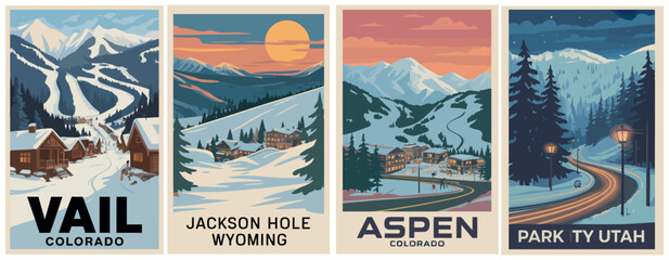 Ski Resort Travel Poster &ndash; Colorado Utah Wyoming Snowy Mountains Illustration