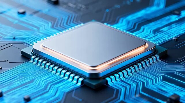 Square electronic chip with orange glow and blue circuit lines
