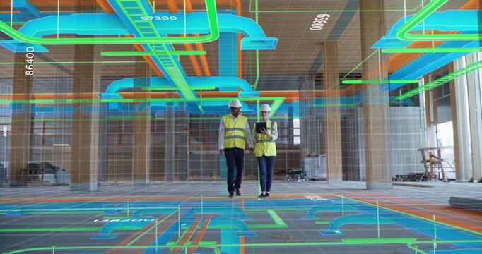 Engineer and Engineer Walk Through a Construction Interior While Augmented Reality Graphics Show Hvac Paths, Mep Systems, Bim Layers, and Digital Twin Data, Immersive Smart Building