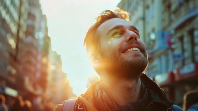 A man smiling into the sunset in a city, with a backpack on and enjoying his journey.