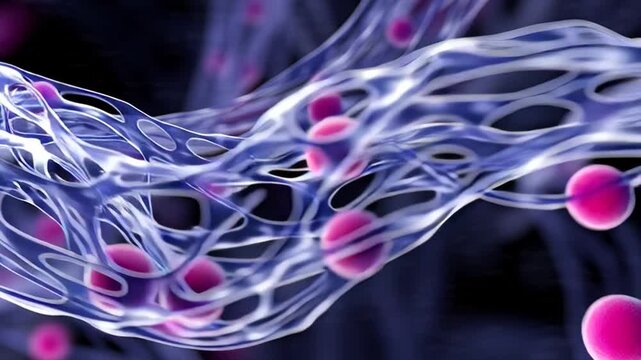 A digital art piece presents a symmetrical abstract structure with flowing white lines and pink spheres in a dark blue environment viewed from a dynamic angle in 4K resolution at 24 frames per second