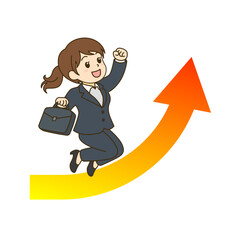 上昇する矢印の上をジャンプする笑顔のビジネスウーマンのベクターイラスト｜成功・ステップアップイメージ