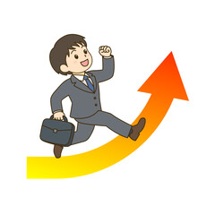 上昇する矢印の上をジャンプする笑顔のビジネスマンのベクターイラスト｜成長・飛躍イメージ