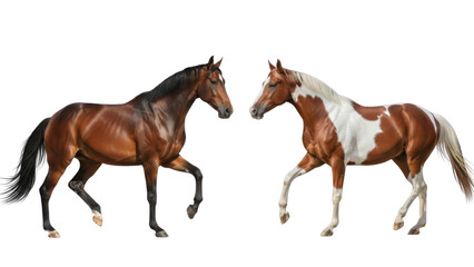 Obraz premium Two Brown and Pinto Horses Trotting Isolated on White Background