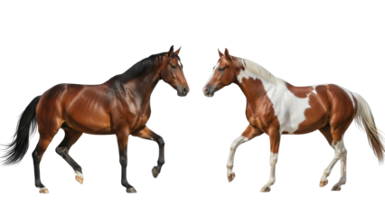 Two Brown and Pinto Horses Trotting Isolated on White Background