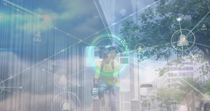 Animation of network of connections over african american woman on bike and clouds