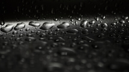 Water droplets on a dark metal surface.