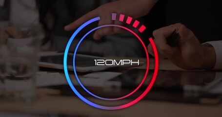 Animation of speedometer over hands of man using tablet - Powered by Adobe